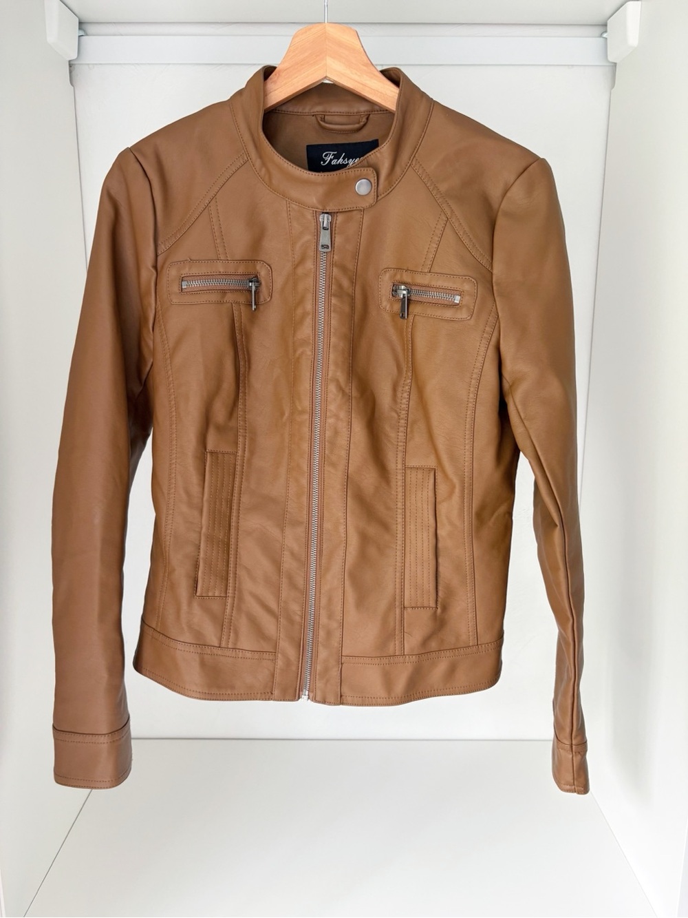 Women's Tan Faux Leather Biker Jacket